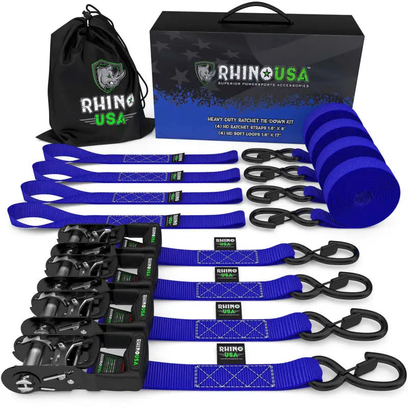 Rhino USA Heavy Duty Ratchet Tie-Down 4-Pack (Blue) 1.6In X 8Ft - Rhino USA
