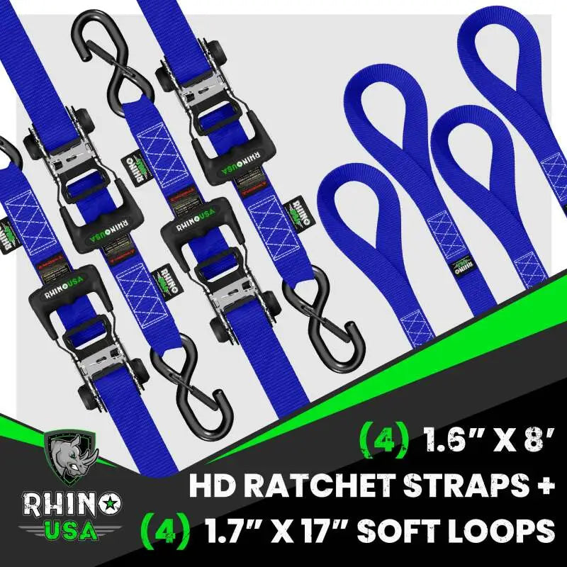 Rhino USA Heavy Duty Ratchet Tie-Down 4-Pack (Blue) 1.6In X 8Ft - Rhino USA