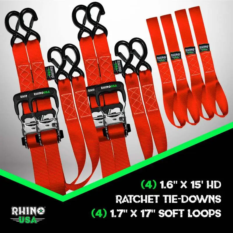 Rhino USA Heavy Duty Ratchet Tie-Down 4-Pack Red 1.6In X 15Ft - Rhino USA
