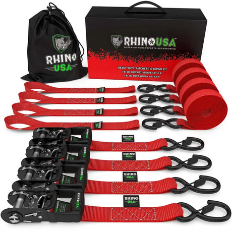 Rhino USA Heavy Duty Ratchet Tie-Down 4-Pack Red 1.6In X 15Ft - Rhino USA