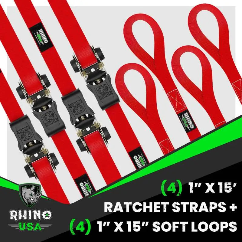 Rhino USA Medium Duty Ratchet Strap Tie-Down 4-Pack (Red) - Rhino USA