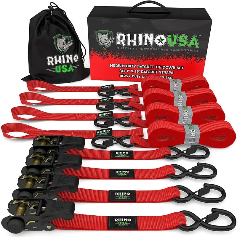 Rhino USA Medium Duty Ratchet Strap Tie-Down 4-Pack (Red) - Rhino USA