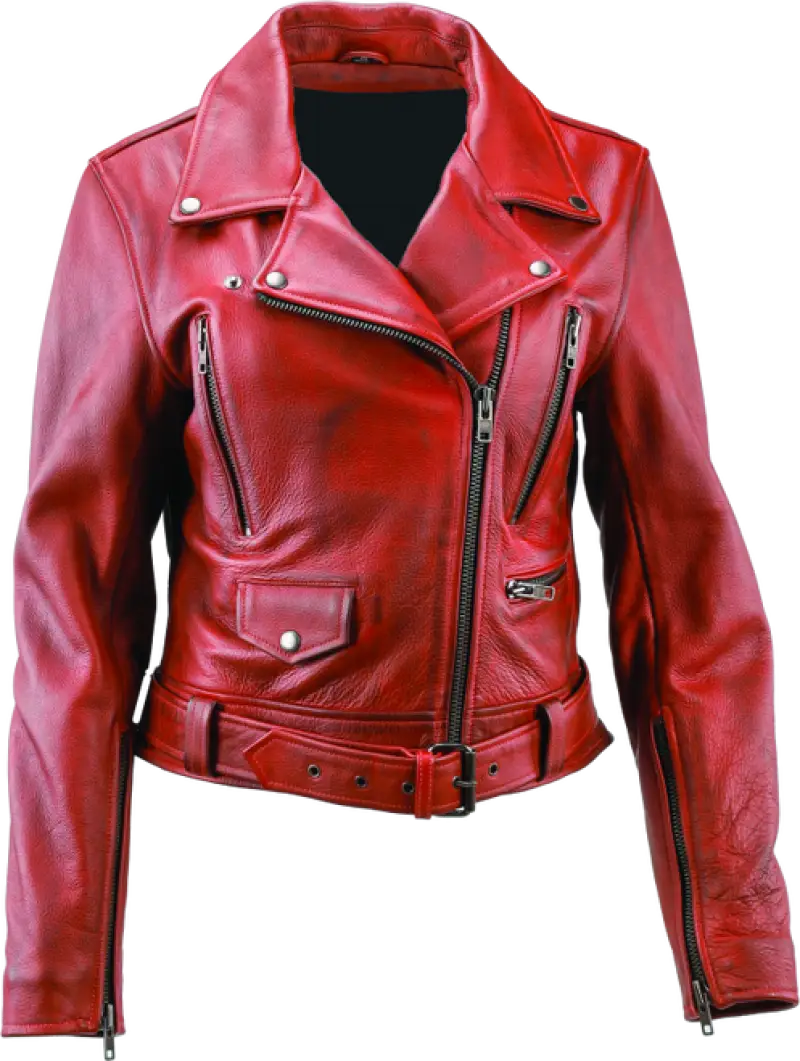 Red leather motorcycle jacket with zippers and belt from River Road Arabian Spice collection