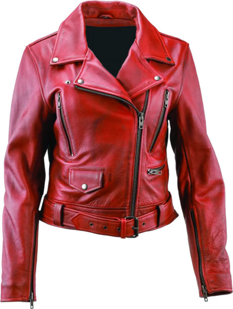 Red leather motorcycle jacket with zippers and belt from River Road Arabian Spice collection