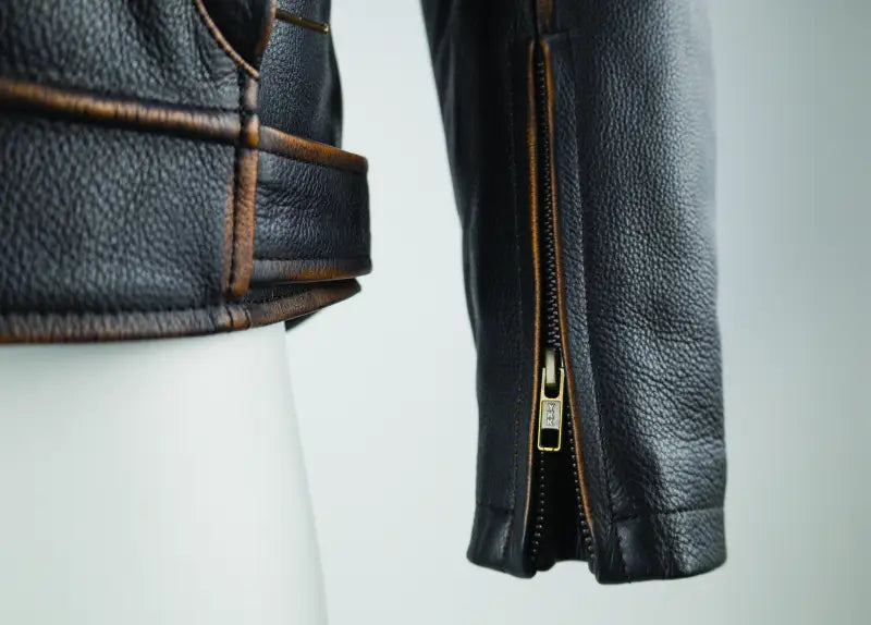 Distressed leather jacket sleeve with zipper from River Road Hoodlum Vintage collection