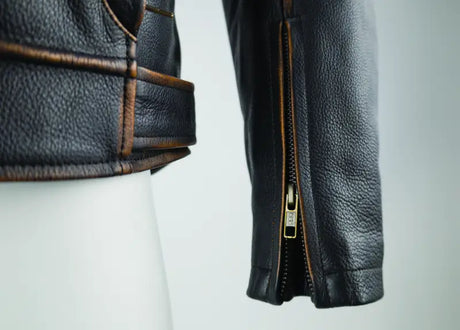 Distressed leather jacket sleeve with zipper from River Road Hoodlum Vintage collection