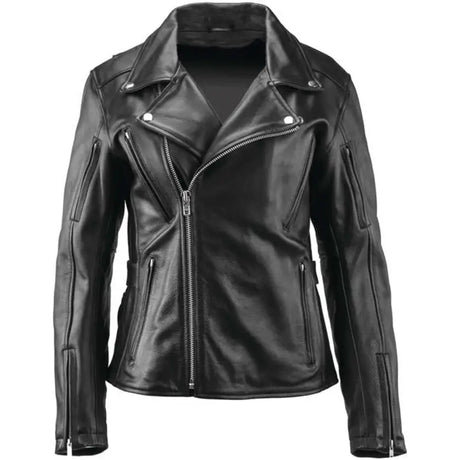 Black leather motorcycle jacket from River Road Ironclad Classic collection for women