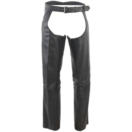 River Road Longhaul Black Leather Chaps with Buckle Closure for Road Longhaul Leather Fans