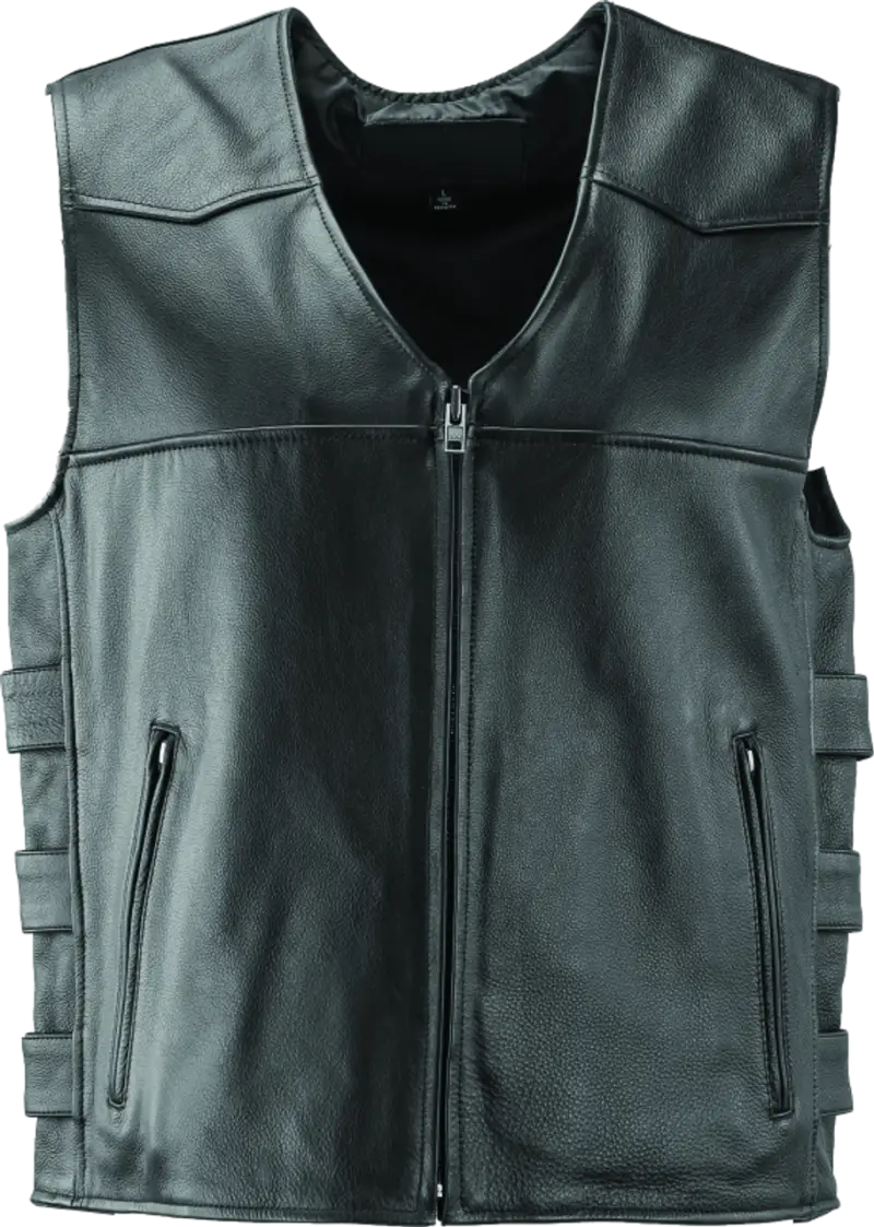 Men’s black leather motorcycle vest with front zipper and zip pockets from River Road Plains