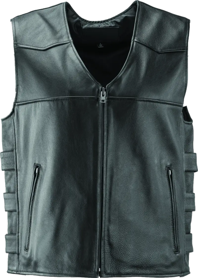 Men’s black leather motorcycle vest with front zipper and zip pockets from River Road Plains