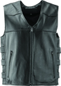 Men’s black leather motorcycle vest with front zipper and zip pockets from River Road Plains