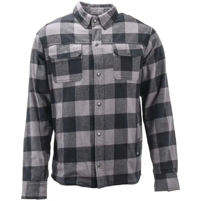 Gray and black plaid River Road Vise Flannel Moto shirt displayed in size small
