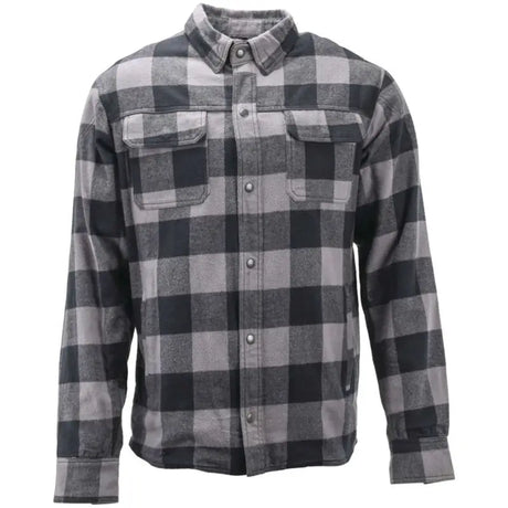 Gray and black plaid River Road Vise Flannel Moto shirt displayed in size small