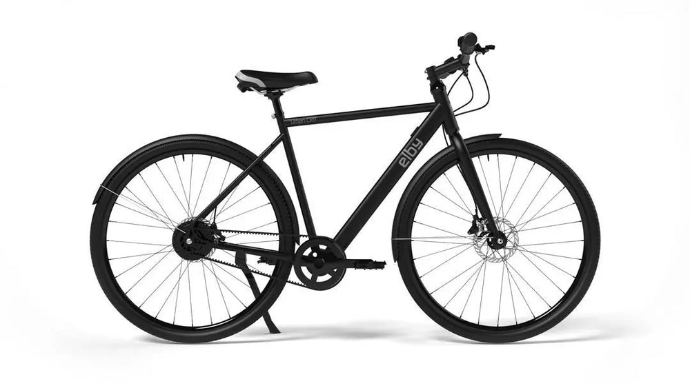 E04UCBLM90 Elby Bikes Med Blk/Blu Sngl Spd Belt Drv Dlrpk