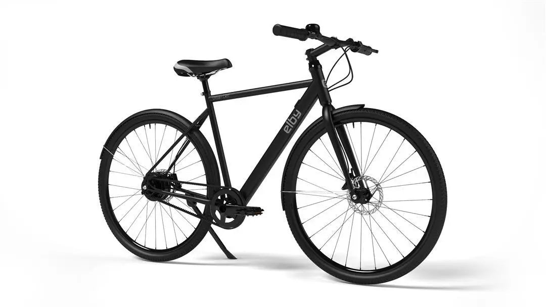 E04UCBLM90 Elby Bikes Med Blk/Blu Sngl Spd Belt Drv Dlrpk