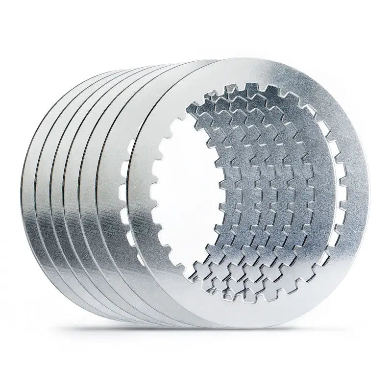 Stack of sp129-8-001 Hinson steel clutch plates with internal splines for motorcycle upgrades