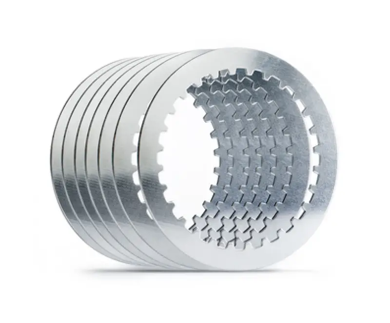 Stack of seven silver Hinson clutch plates with gear teeth for clutch basket durability