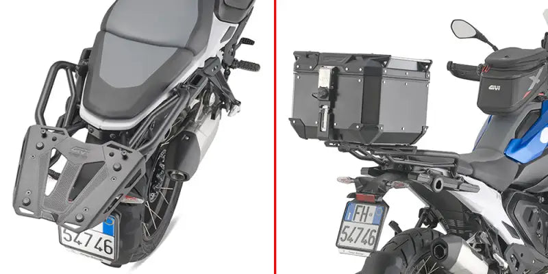Motorcycle luggage carriers on Black BMW rear rack with mounting hardware for RV & truck parts