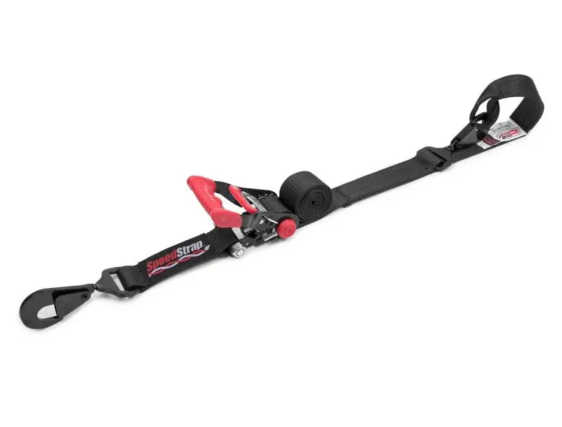 Black 2in x 6ft ratchet tie-down strap with red handle and hook for secure cargo