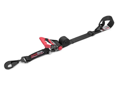 Black 2in x 6ft ratchet tie-down strap with red handle and hook for secure cargo