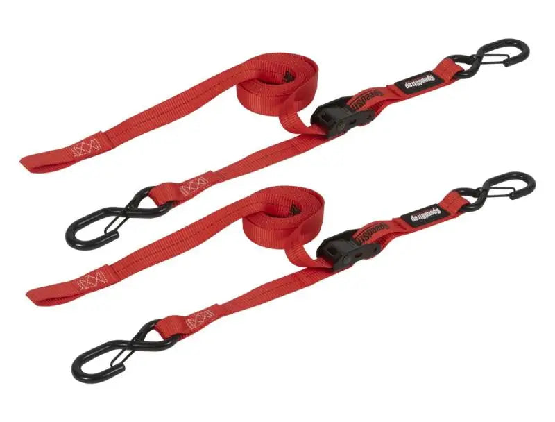 Two red SpeedStrap 1In x 10Ft cam-lock tie down straps with snap FtSFT hooks
