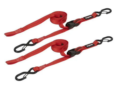 Two red SpeedStrap 1In x 10Ft cam-lock tie down straps with snap FtSFT hooks