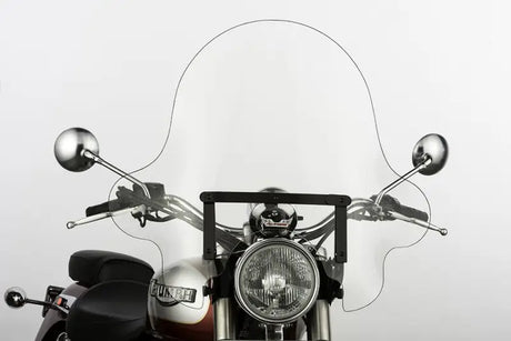 Motorcycle with clear windshield and chrome handlebars featuring quick release mounting SS-32-20CWQB