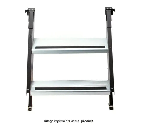 STP-221 Mor/Ryde Quick Connect Entry Step for RVs featuring dual aluminum steps and sturdy black frame.
