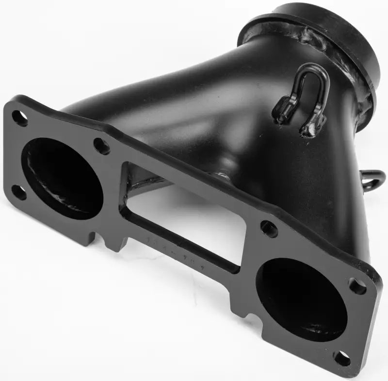 Black metal engine intake manifold with two ports for Straightline Y Pipe 600R E Tec riding experience