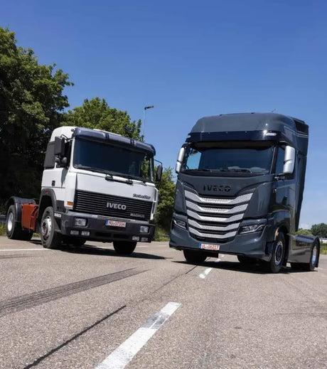 Two Iveco semi-trucks with T.CAD.C Auto Gold hitch cover and trailer hitch