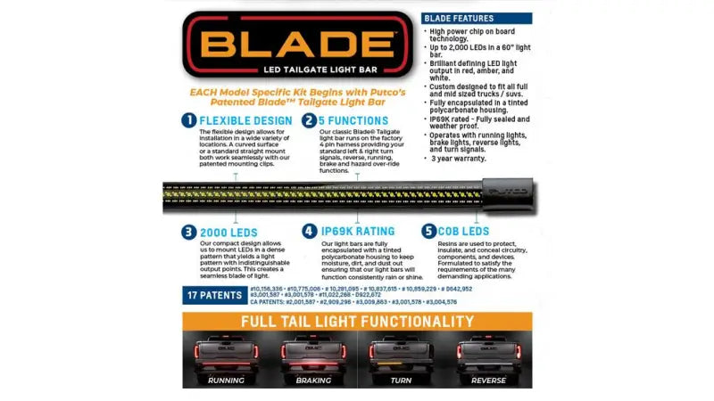 Tailgate Light - LED 60 Inch Flexible Bar; Amber Turn Signal/ White Reverse/ Red Brake/ Running Operation; High Power