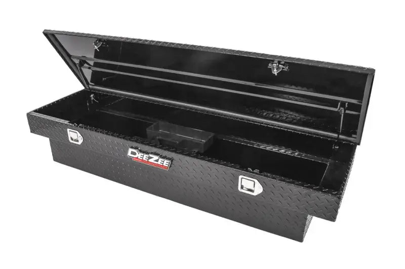 Tool Box Crossover; Single Lid; Diamond Tread; Black Gloss Powder Coated Aluminum; 69-3/4 Inch Length x 20 Width 12.2