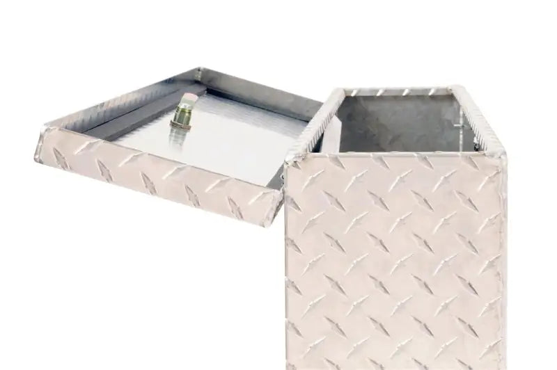 Tool Box Wheel Well; Single Lid; Diamond Tread; Silver; Aluminum; 37 Inch Top Length/ 14 Bottom Length x 7.75 Width