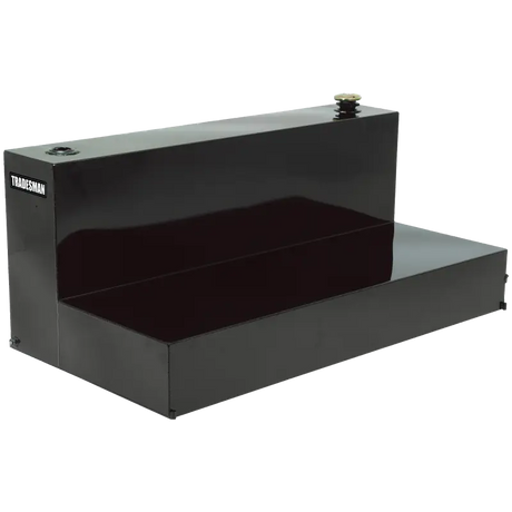 Black L-shaped auxiliary liquid storage tank with fill cap and fuel gauge for storage tank