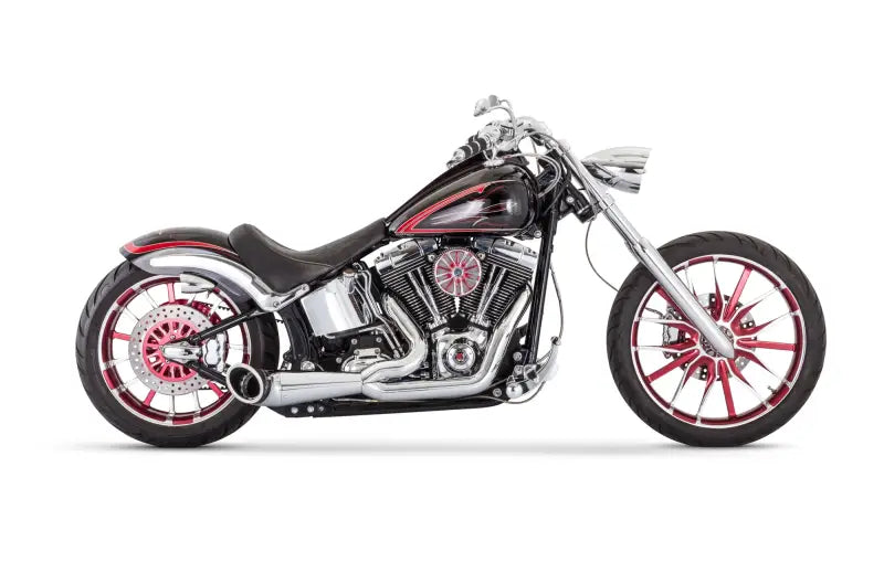 Black and red custom chopper motorcycle with chrome W black and black tip exhaust