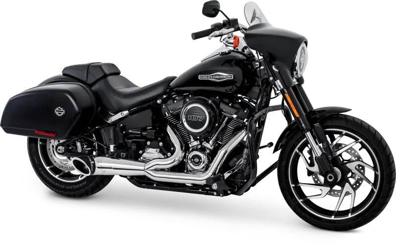 Black Harley-Davidson with chrome w black and black tip exhaust pipes on Softail