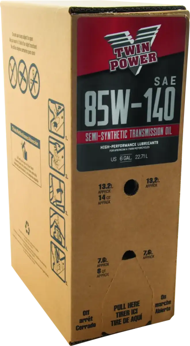 Twin Power 85W140 Semi-Synthetic Transmission Lube 6 Gallon Bag In Box, premium transmission fluid for exceptional performance and protection, ideal for mechanics and DIY enthusiasts.