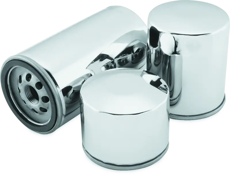 Shiny chrome oil filter for Twin Power Twin Cam bikes with backflow valve upgrade