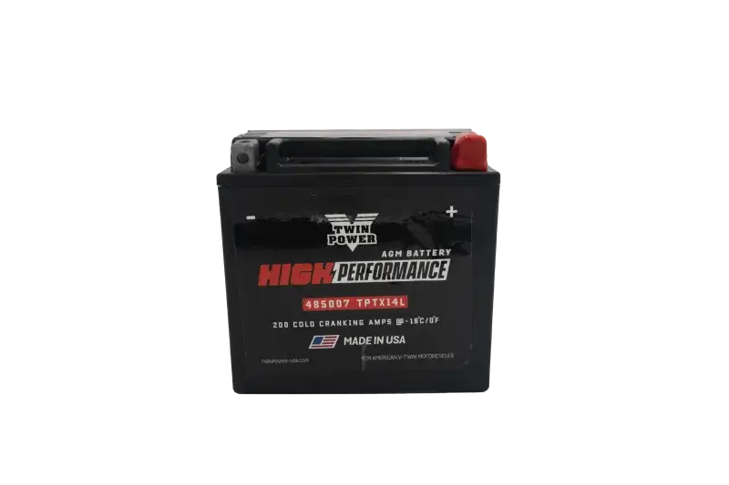 Black motorcycle battery from Twin Power High Performance Battery series, made in USA