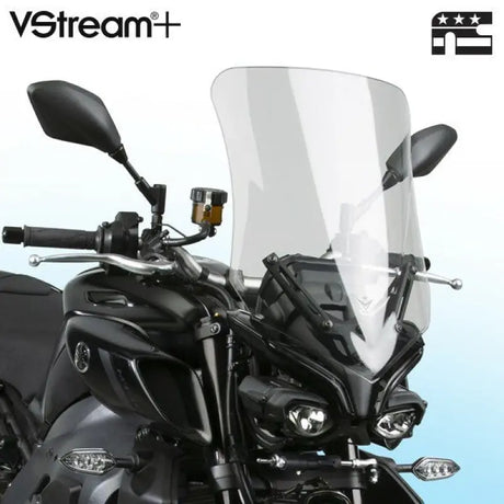 Motorcycle with VStream+ Windscreen Mid Light Tint Yam and clear windscreen logo
