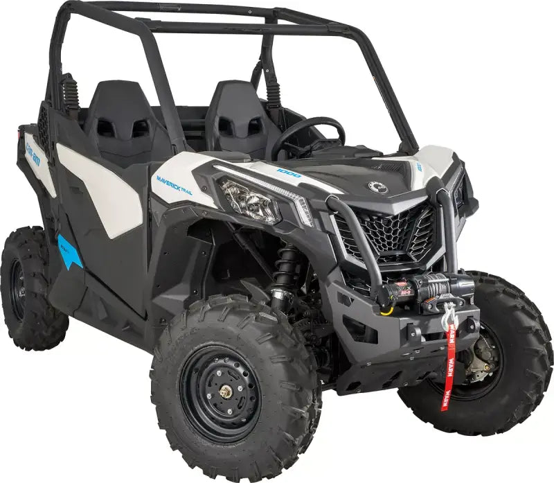 White and black Warn Industries UTV with winch mount and roll cage for off-road fun
