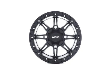 Black metal wheel with circular cutouts for WEL UTV Wheels UTV wheels fitment