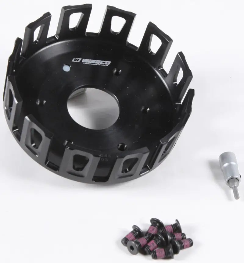 Black anodized aluminum clutch basket with ventilation slots for Husqvarna KTM clutch upgrades