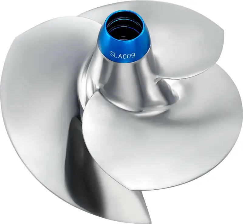 Polished silver marine propeller with blue hub, perfect for RV parts & accessories or truck parts