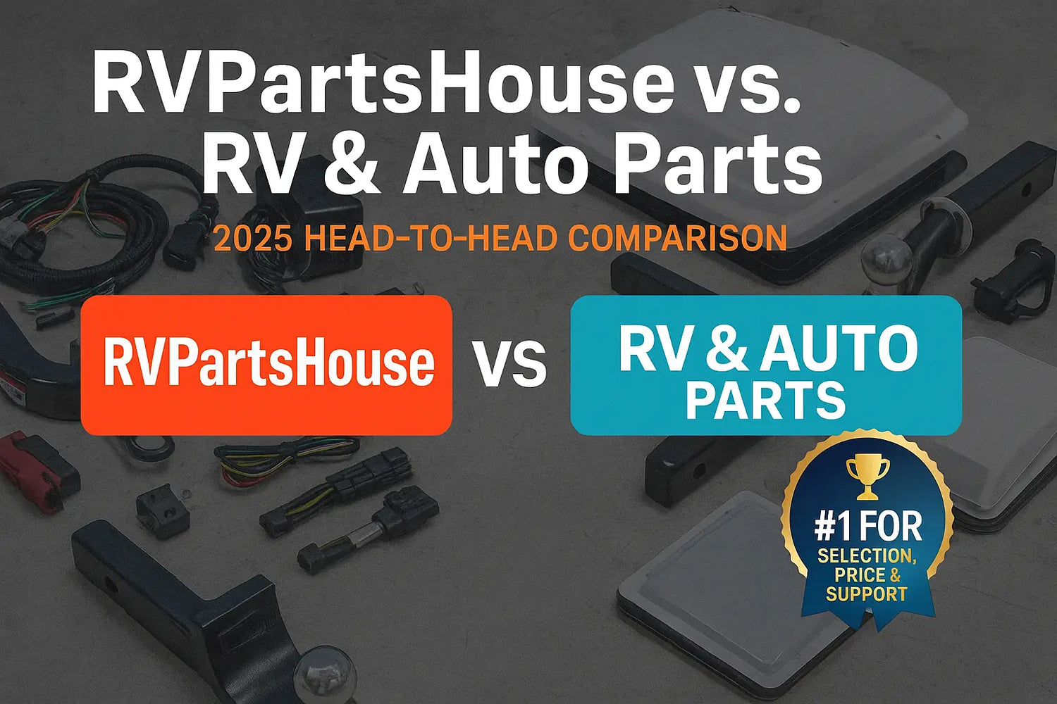 RVPartsHouse vs. RV & Auto Parts 2025 comparison graphic showing RV & Auto Parts as the #1 choice for selection, price, and support in the RV parts market