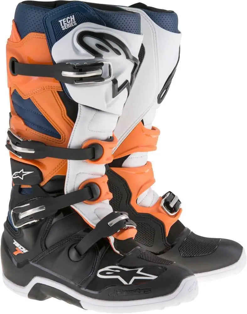 Stylish Alpinestars Tech 7 boots in black, orange, and white, perfect for performance and protection on the track.