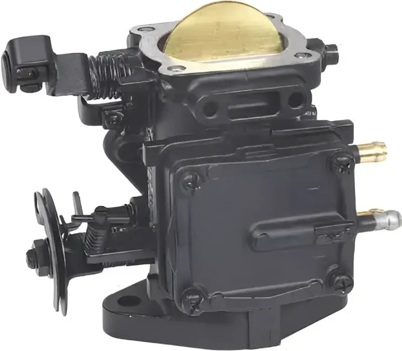 Black carburetor with brass float and silver screws, perfect for powersports carburetors