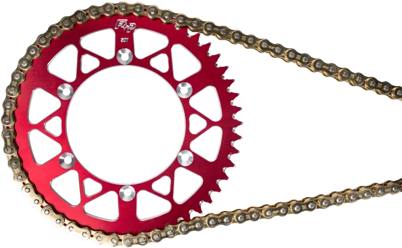 Red and black sprocket with silver chain in the Chains collection, perfect for powersports drive chains