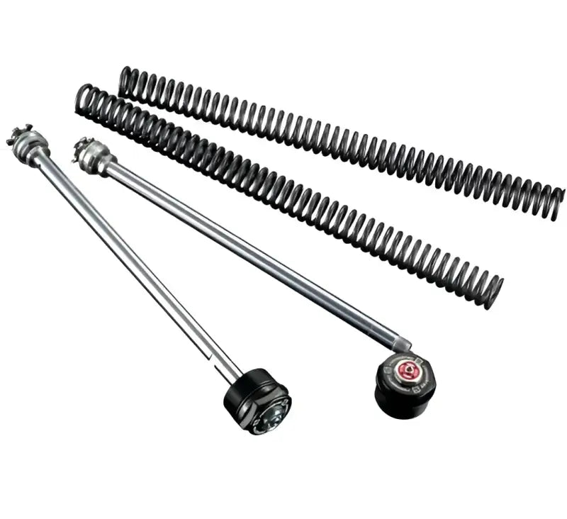 Black spring suspension forks with silver ends and red caps for powersports or bikes