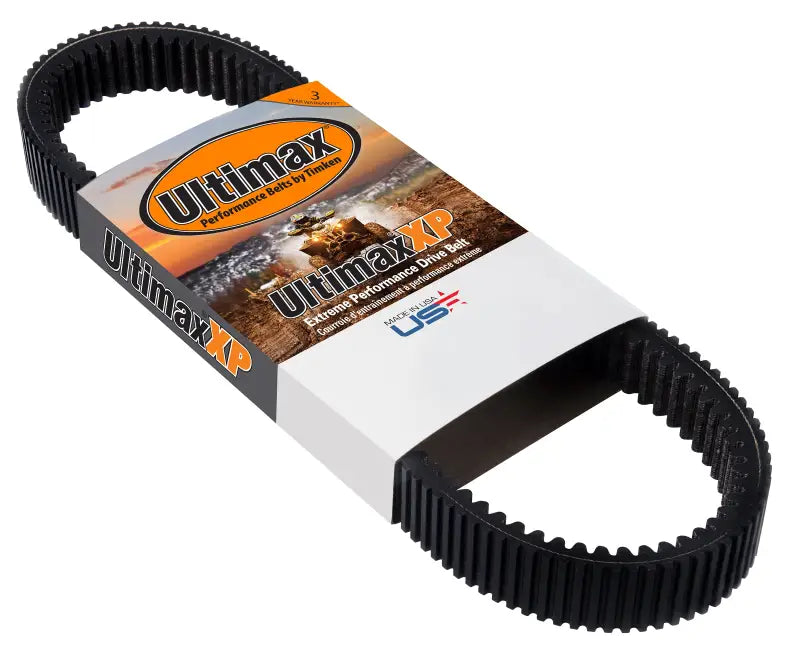 Ultimax XP black rubber drive belt with textured pattern and reinforced edges for powersports drive belts